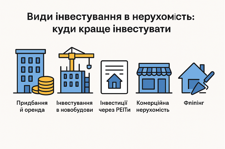 Види інвестування в нерухомість в Україні: придбання й оренда, інвестування в новобудови, інвестиції через REIT-фонди, комерційна нерухомість, фліпінг — у 2025 році